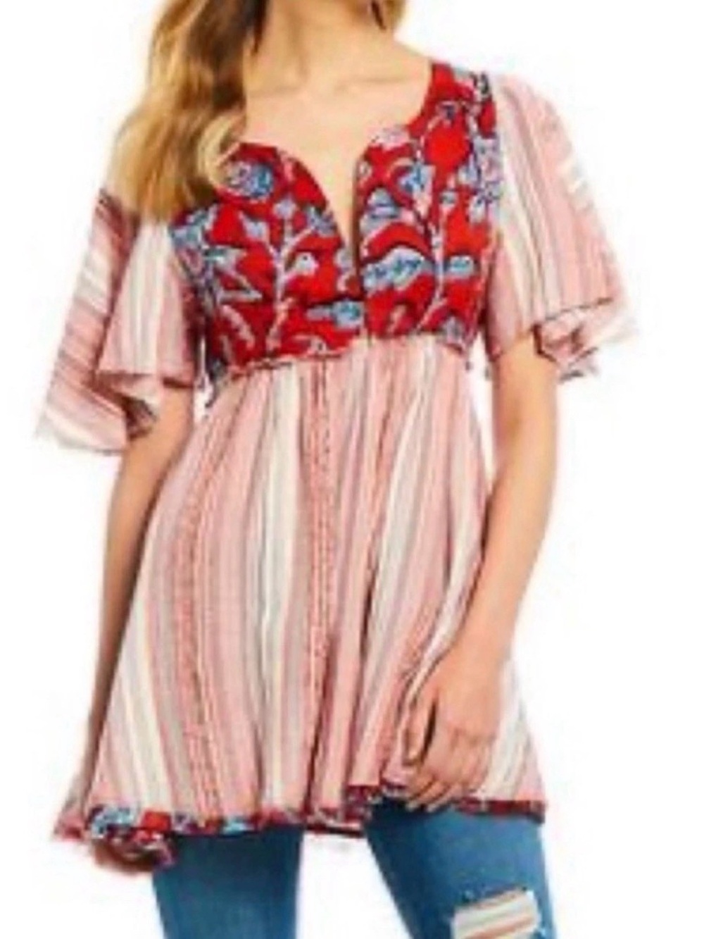 Free People Distressed Red and Cream Striped Open-Knit Top